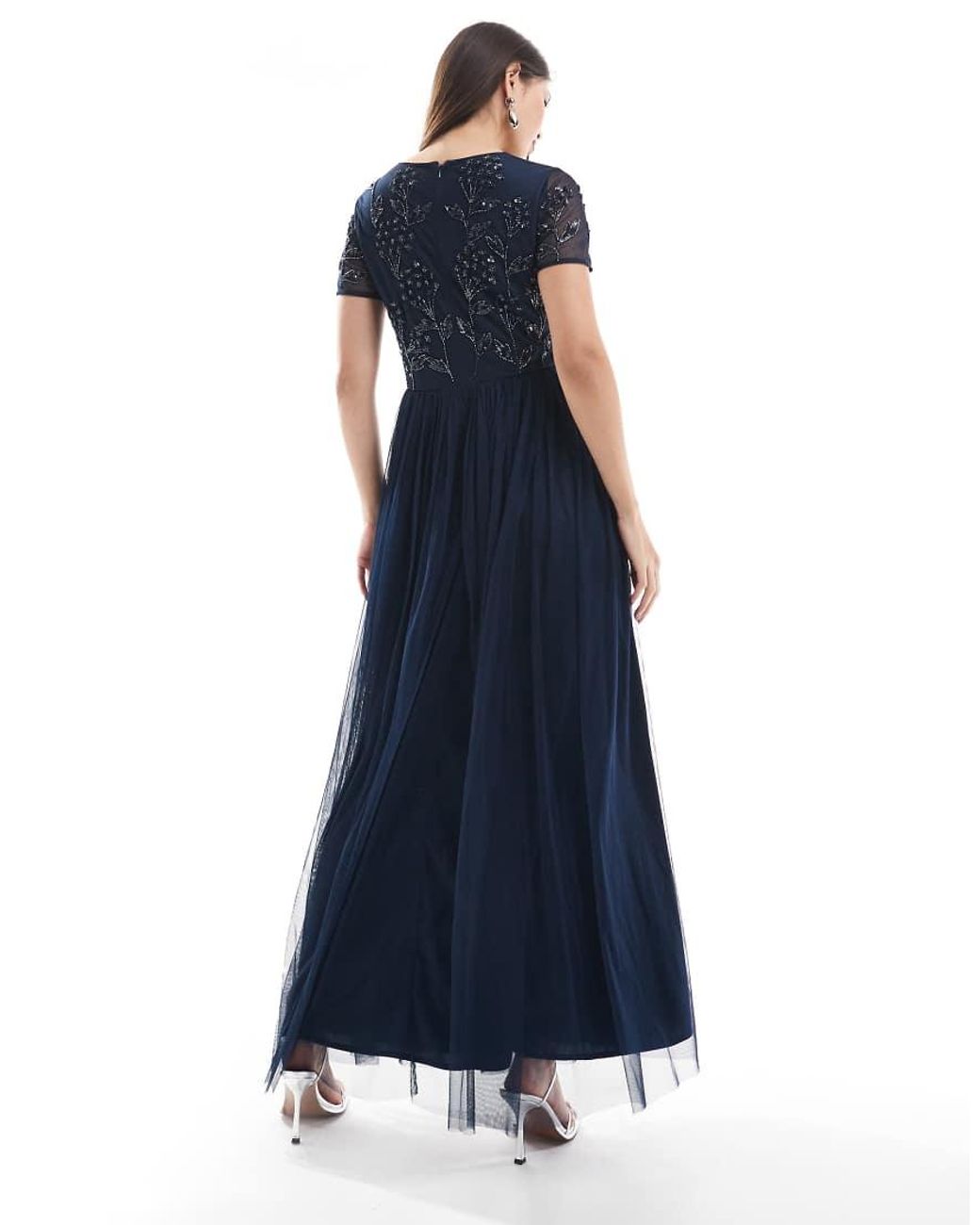 Maya Blue Floral Embellished Short Sleeve V Neck Bridesmaid Maxi Dress