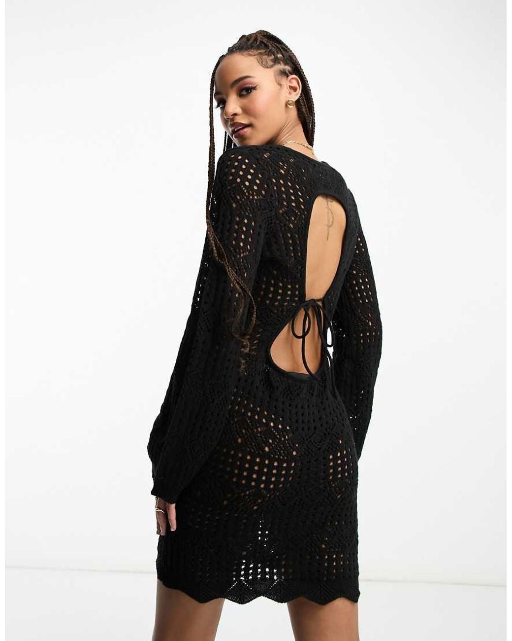 Miss Selfridge Long Sleeve Open Back Crochet Dress in Black | Lyst UK