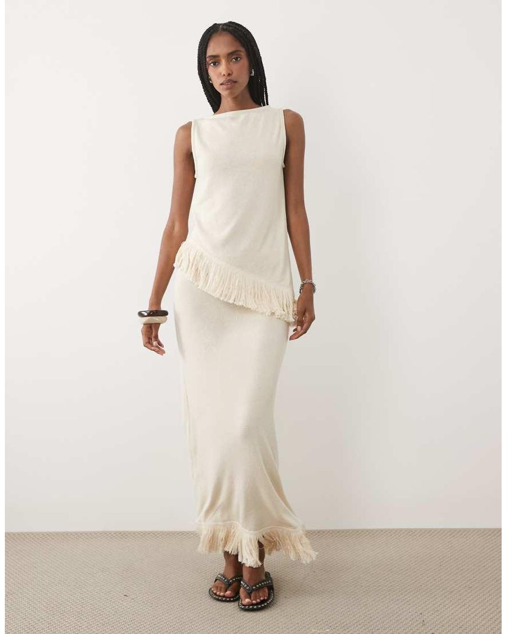 ASOS Natural Sleeveless Knitted With Tassel Co-ord Top