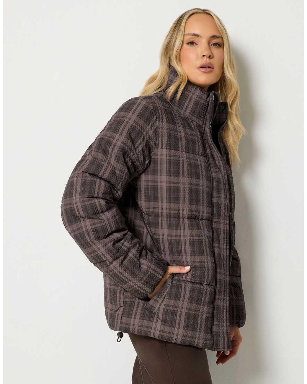 Long Tall Sally Brown Check Crinkle Padded Coat