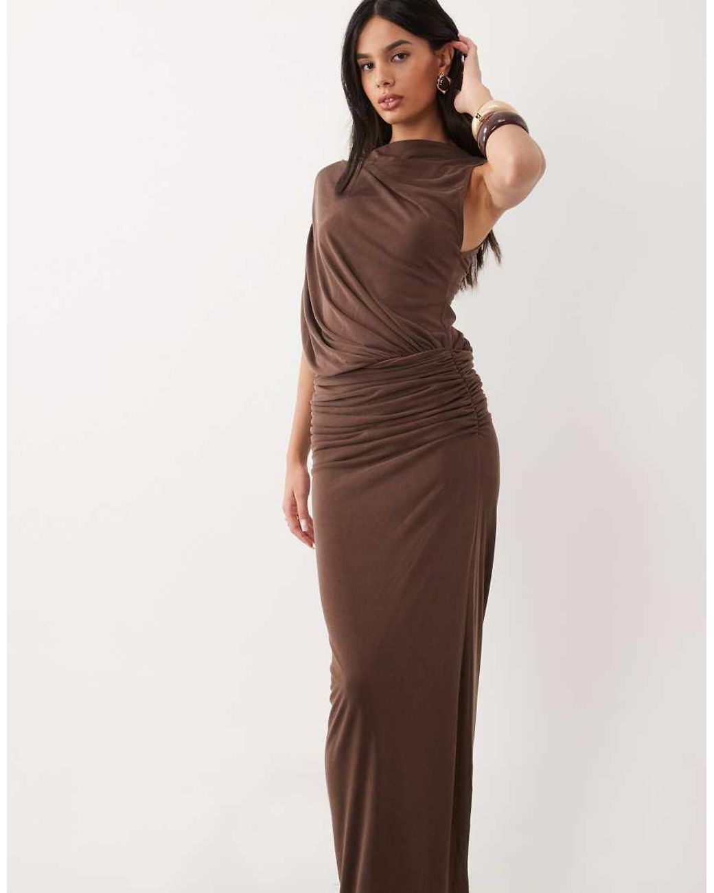ASOS Brown High Neck Drape Short Sleeve Maxi Dress