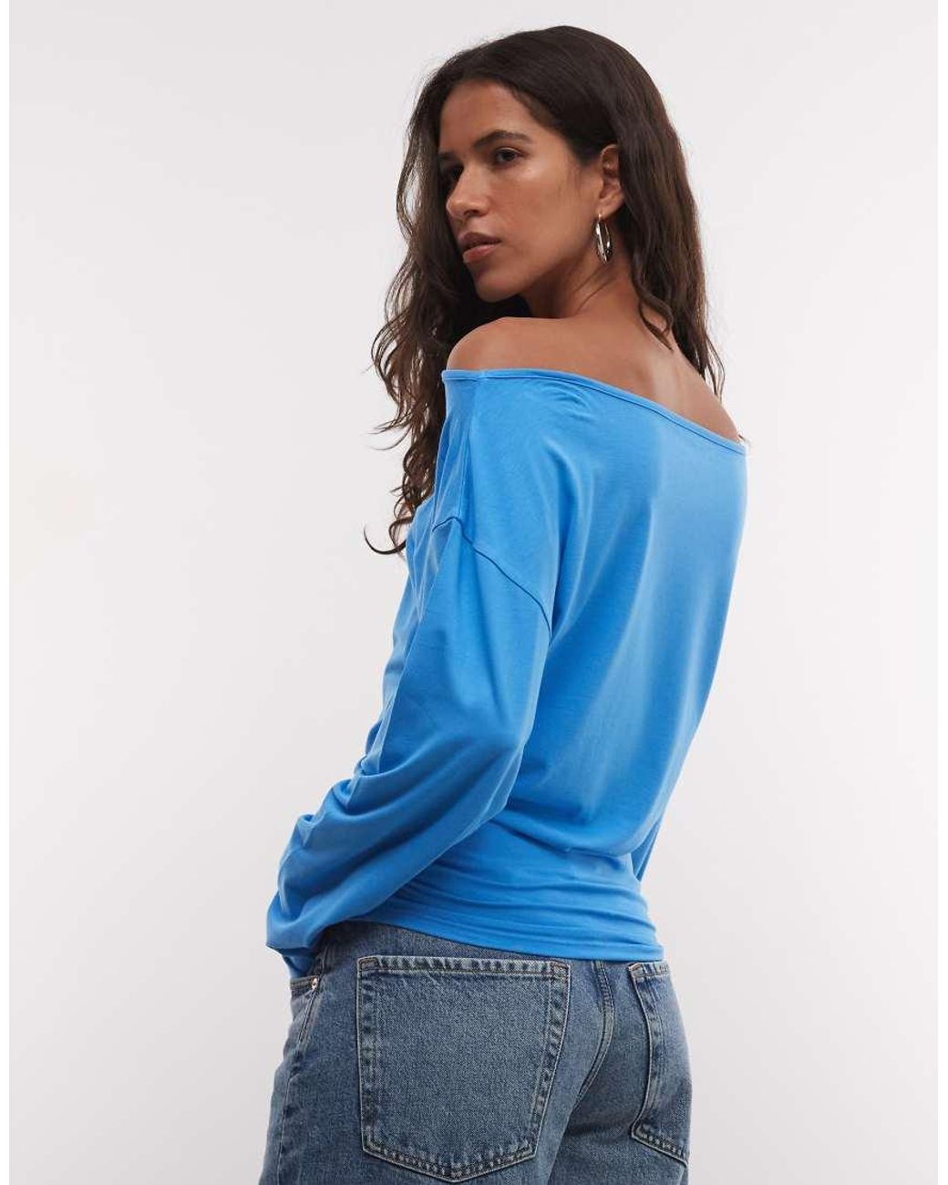 Collusion Blue Long Sleeve Drapey Off-Shoulder Top