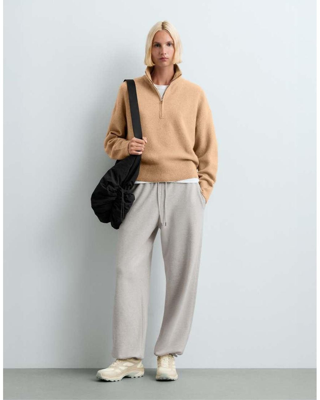 Oysho Natural High-Neck Jumper With Half Zip