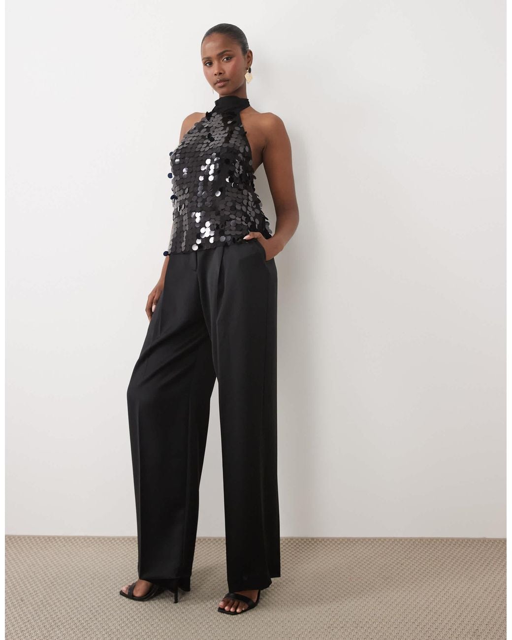Vila Black Halter Neck Disc Sequin Top