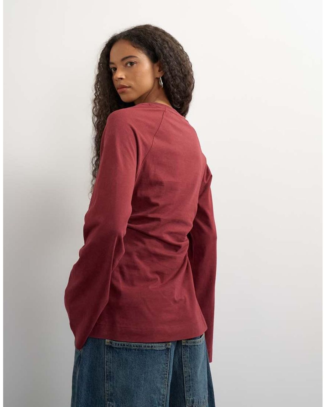 TOPSHOP Red Cinched Waist Long Sleeve Raglan T-Shirt