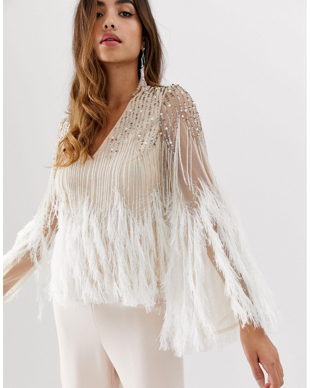 ASOS Long Sleeve Embellished Top With Faux Feather Trim in Natural