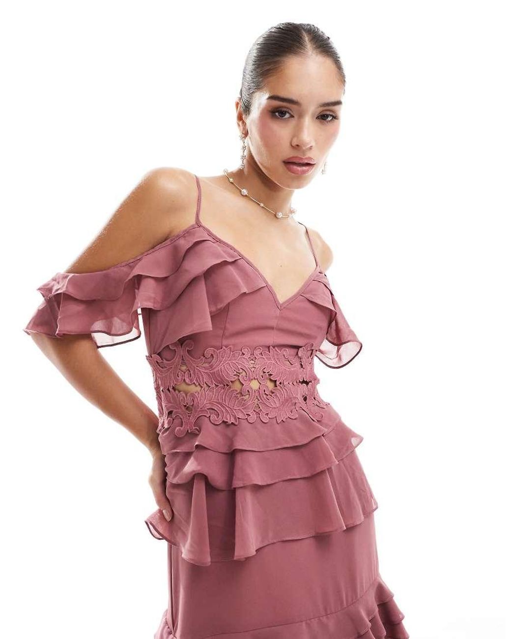 True Decadence Plunge Front Tiered Ruffle Maxi Dress