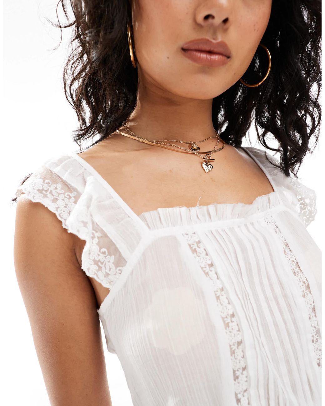 ASOS Cami Top With Pleated Front And Ruffle Lace Shoulders in White | Lyst