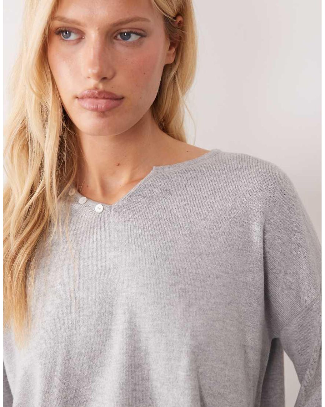 Mango Blue Teen V Neck Button Detail Long Sleeve Knitted Top