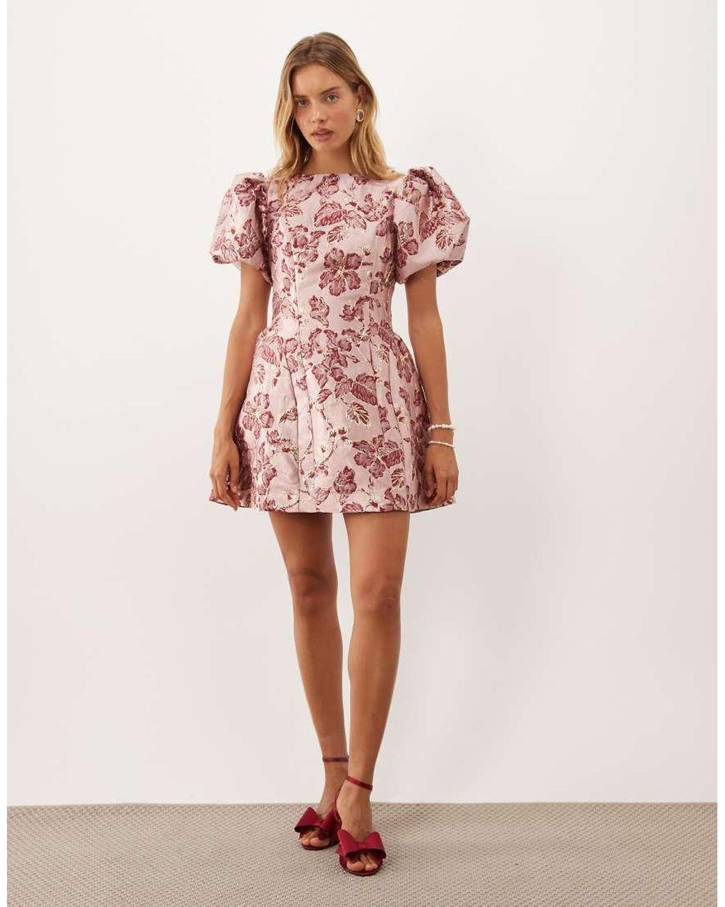 Sister Jane Red Quartz Jacquard Boat Neck Puff Sleeve Mini Dress