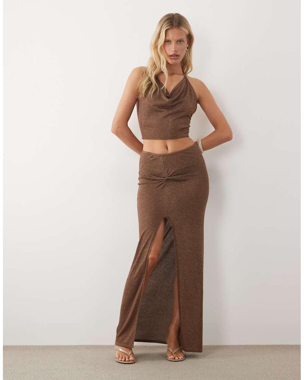 Miss Selfridge Brown Glitter Knit Halterneck Top