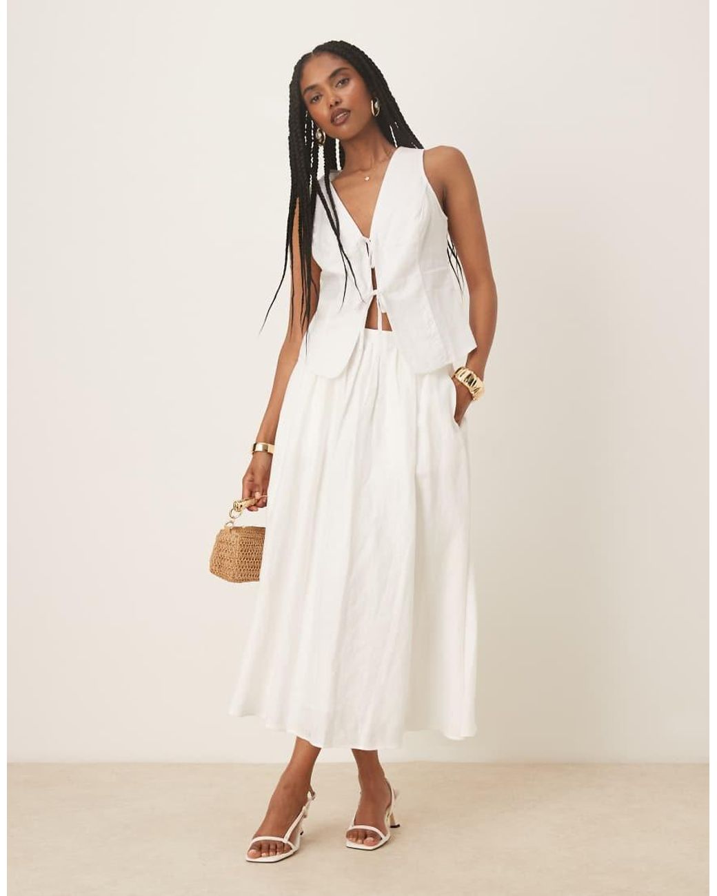 Gina Tricot Natural Linen Waistcoat Vest Top With Tie Front Detail