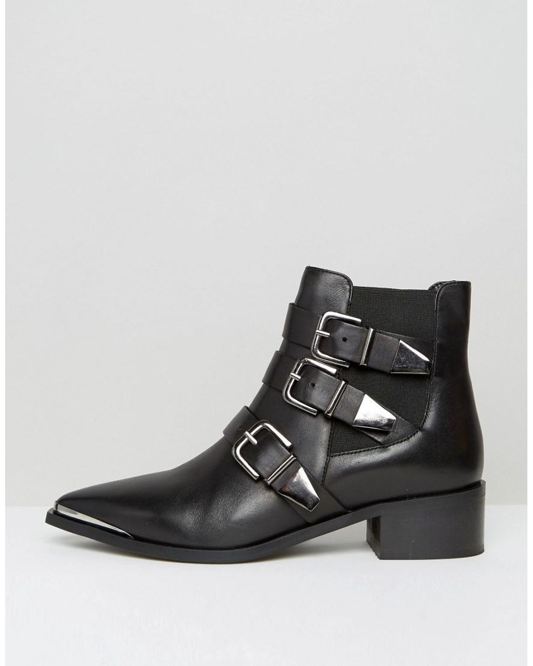 Office Aggy Black Leather Buckle Strap Point Ankle Boots | Lyst