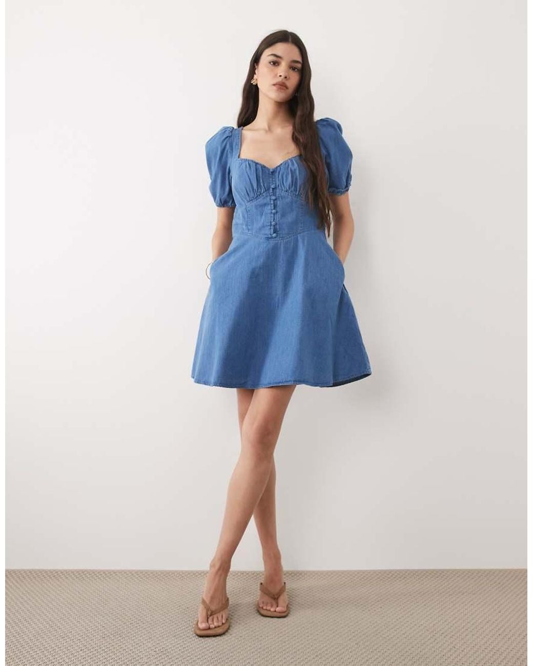 Nobody's Child Blue Tulla Cotton Denim Sweetheart Neckline Puff Sleeve Mini Dress
