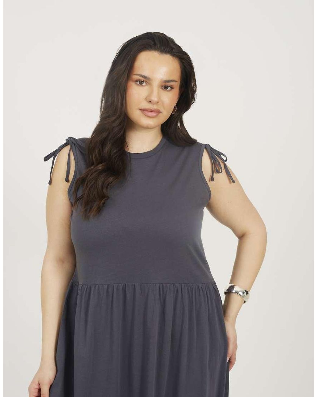 Brave Soul Blue Curve Cotton Ruched Shoulder Tiered Maxi Dress