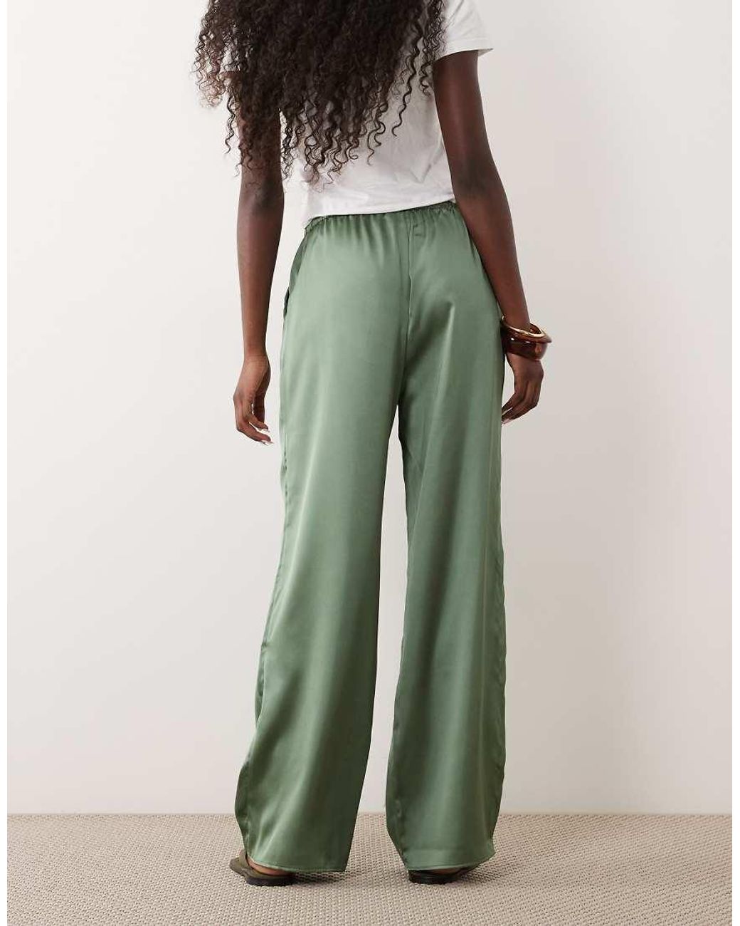 ASOS Green Satin Wide Leg Pull On Trouser