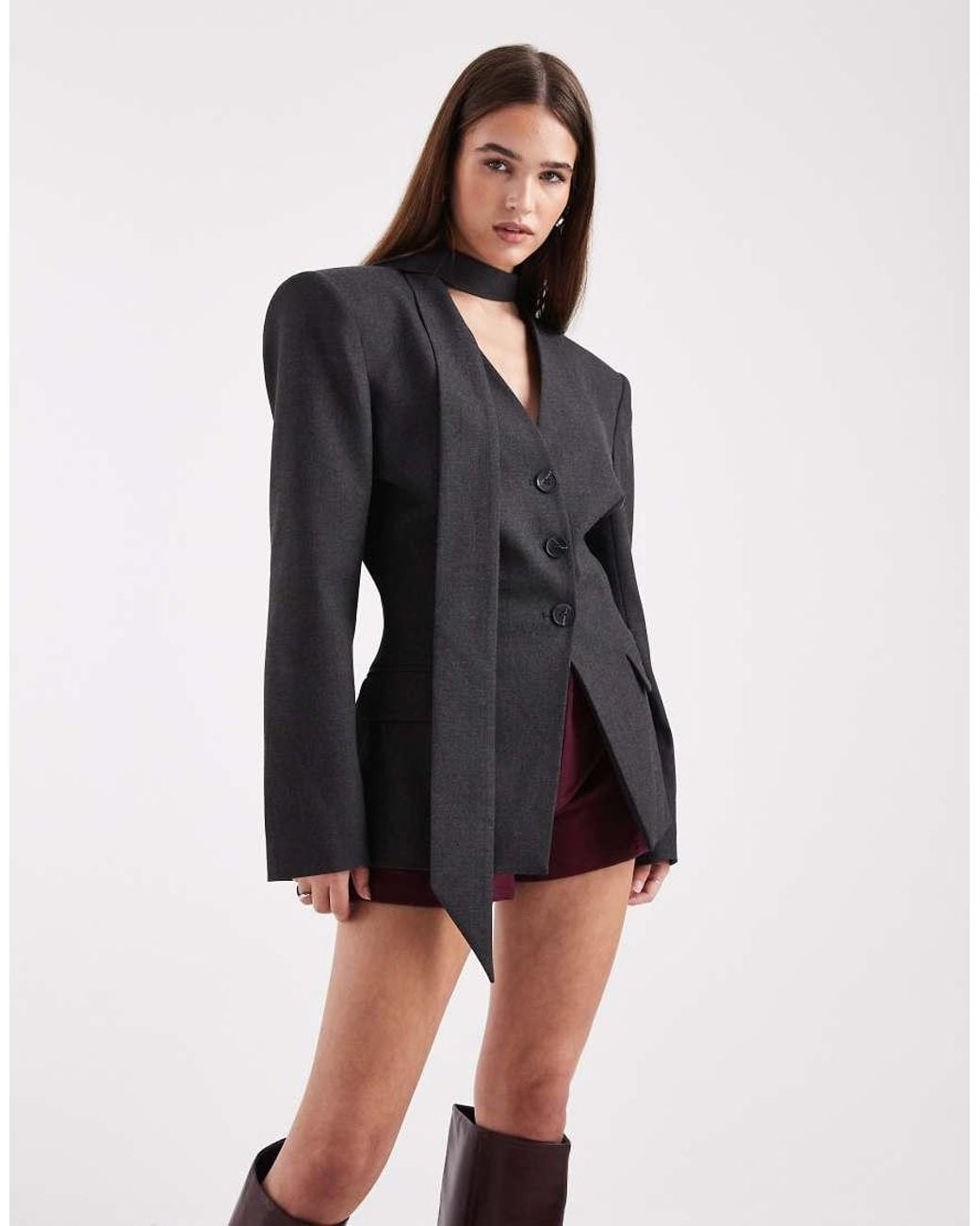 ASOS Black Cinch Shoulder Pad Blazer With Scarf