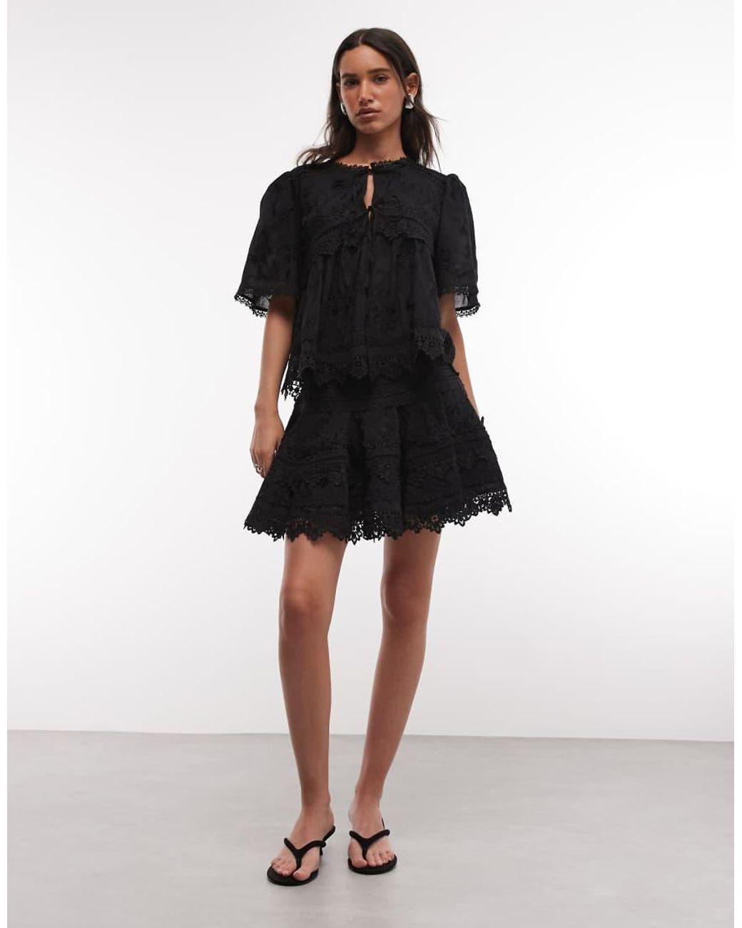 AllSaints Black Lillith Short Sleeve Tie Up Thrilly Lace Blouse