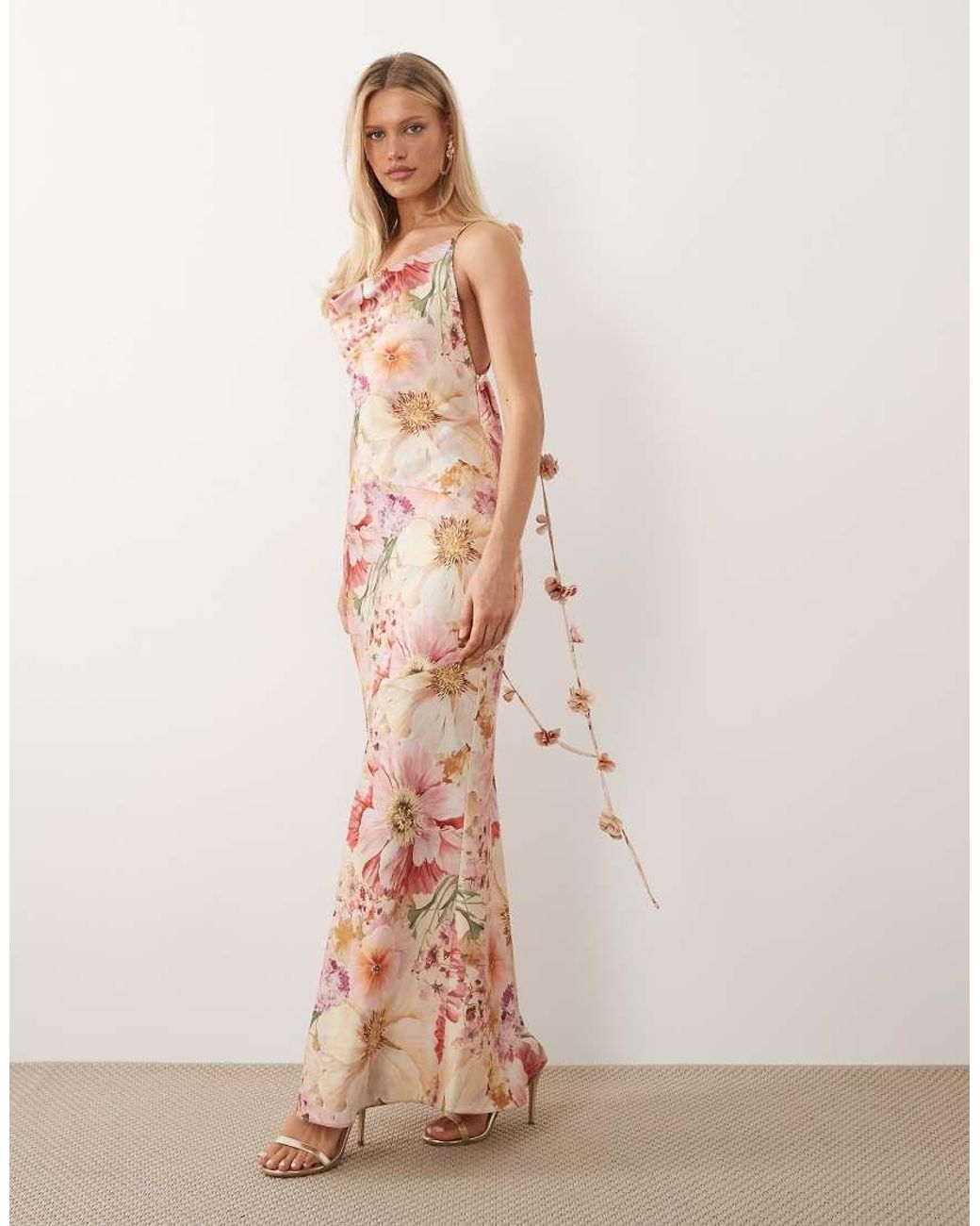 Wanderdoll Pink Aria Draped Cowl Neck Flower Detail Cross Back Satin Maxi Dress
