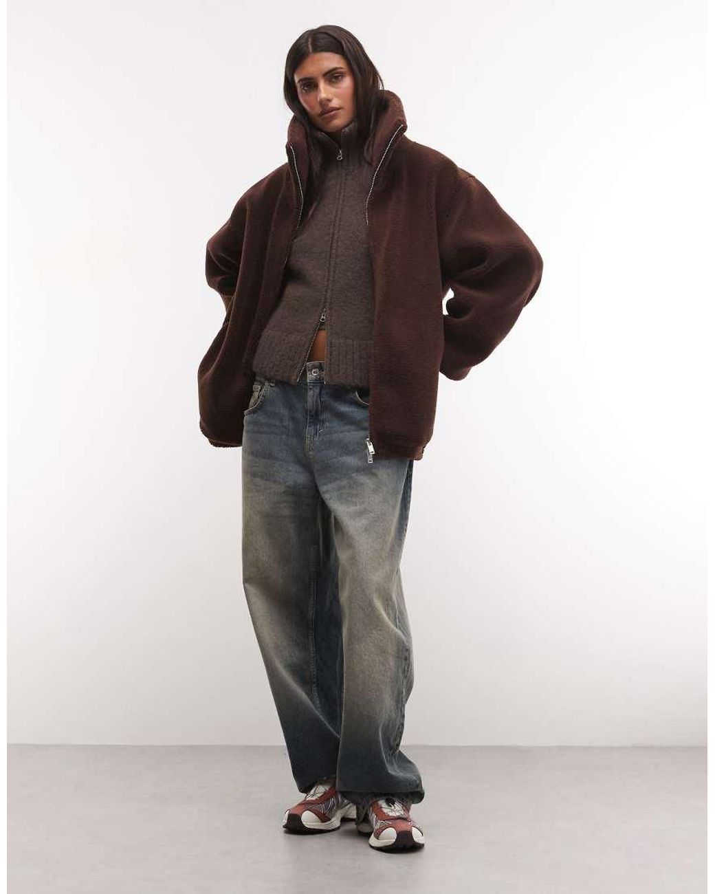 Weekday Brown Wool Blend Hairy Knit Zip Through Cardigan