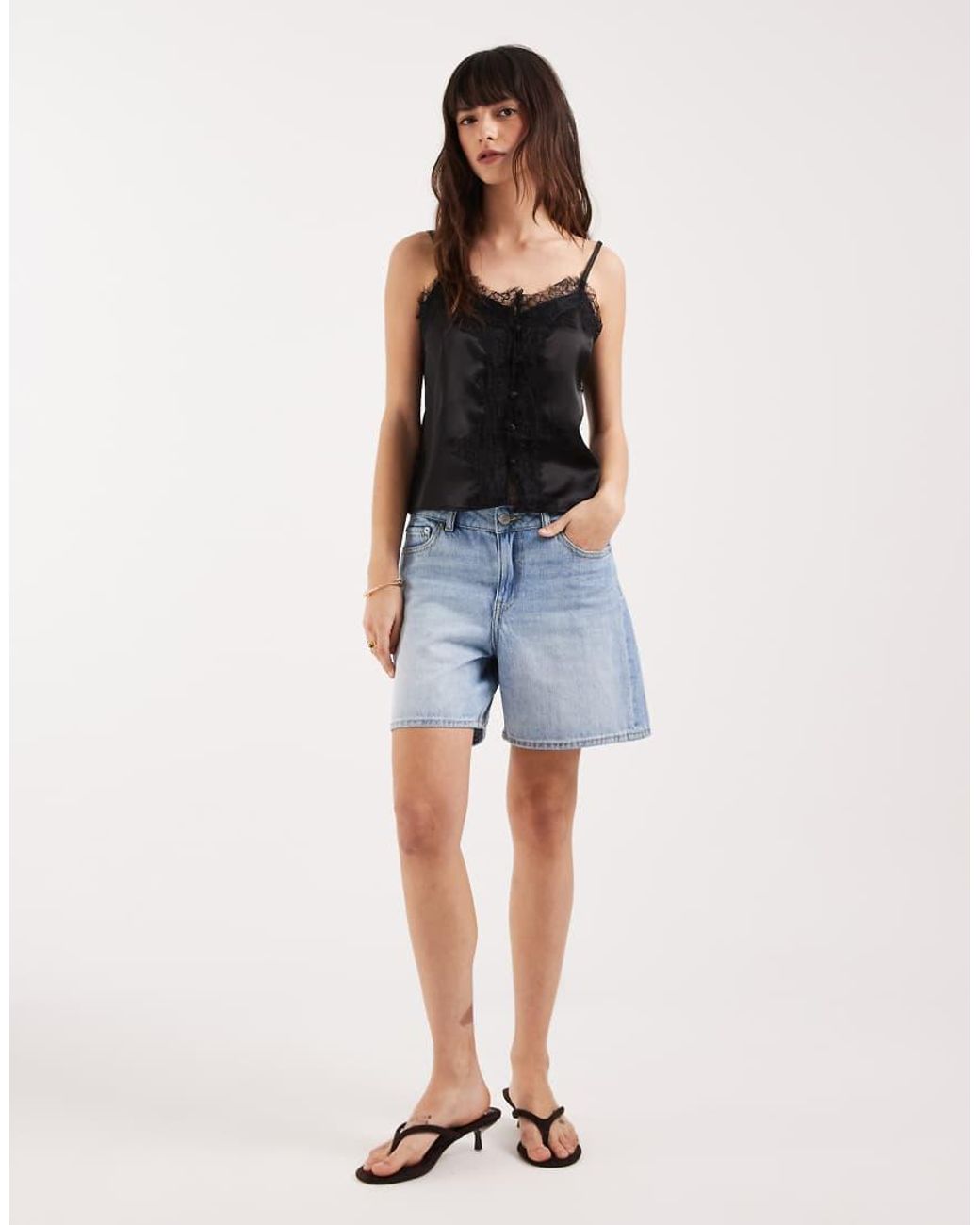 ASOS Black Satin Lace Trim Tie Cami Top