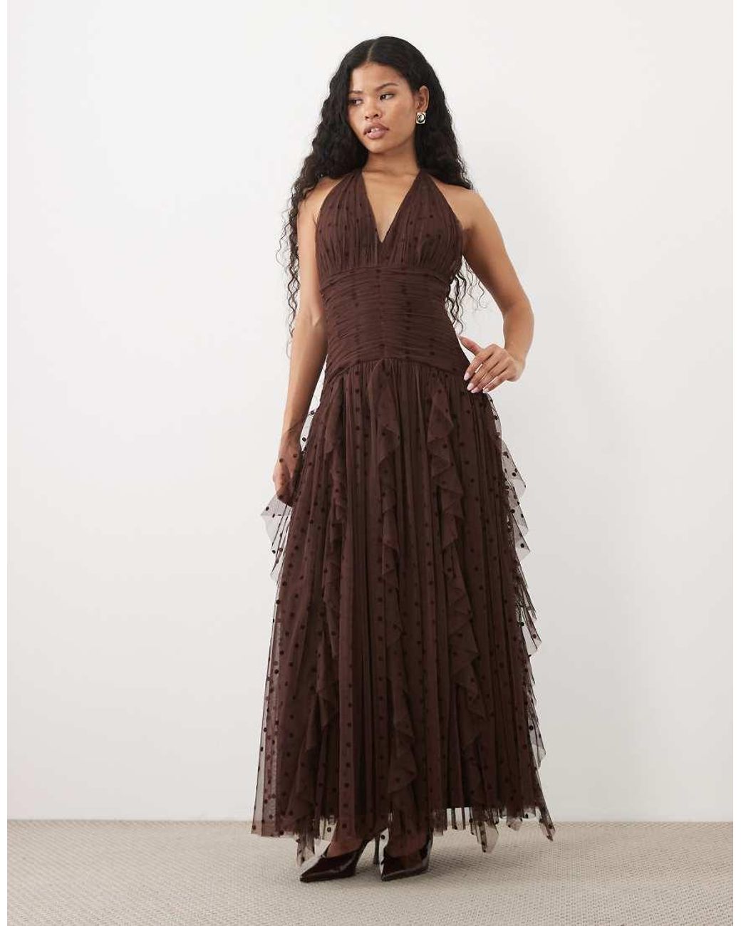 LACE & BEADS Brown Dobby Halter Neck Ruffle Skirt Maxi Dress