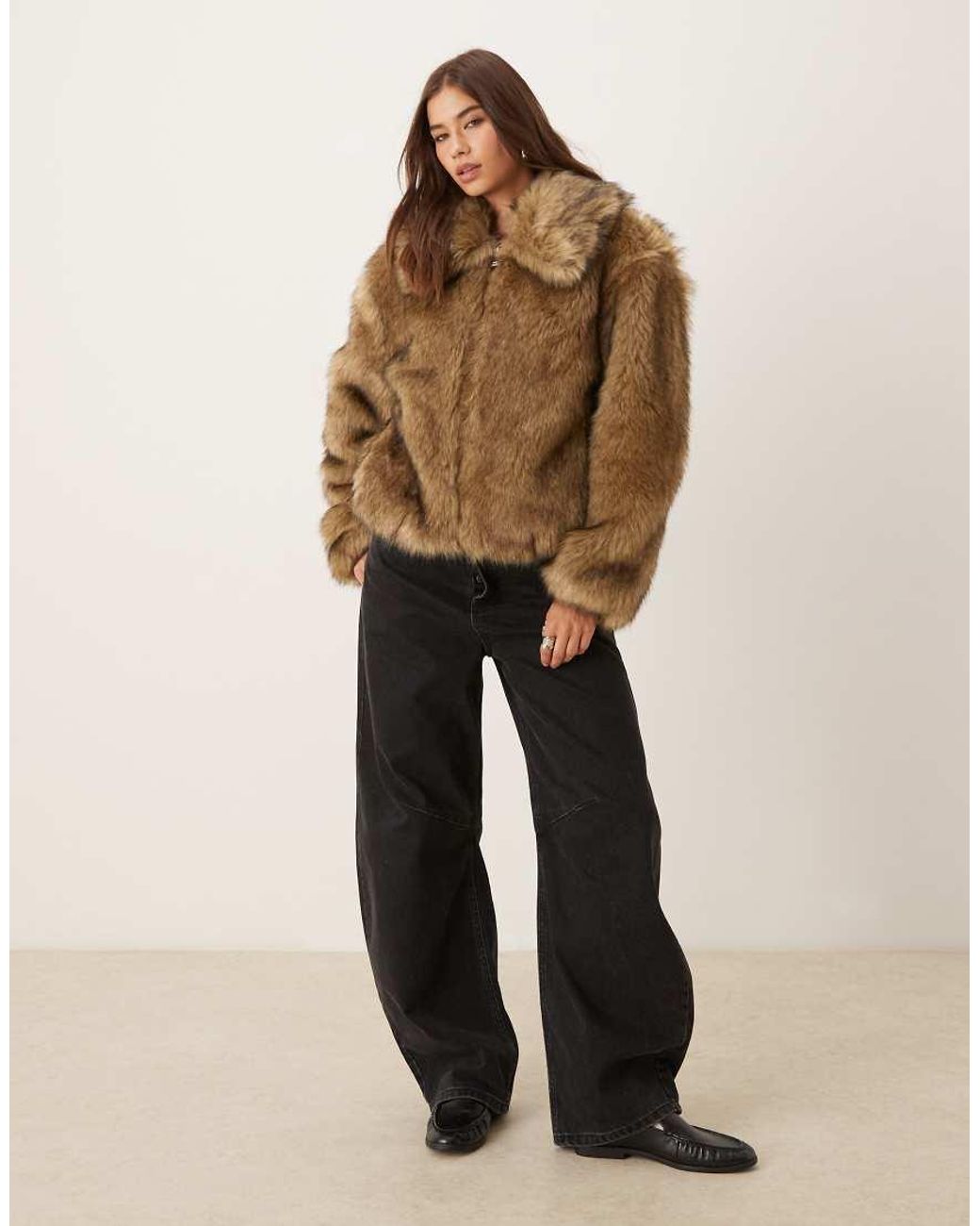 Abercrombie & Fitch Brown Short Zip Front Faux Fur Jacket