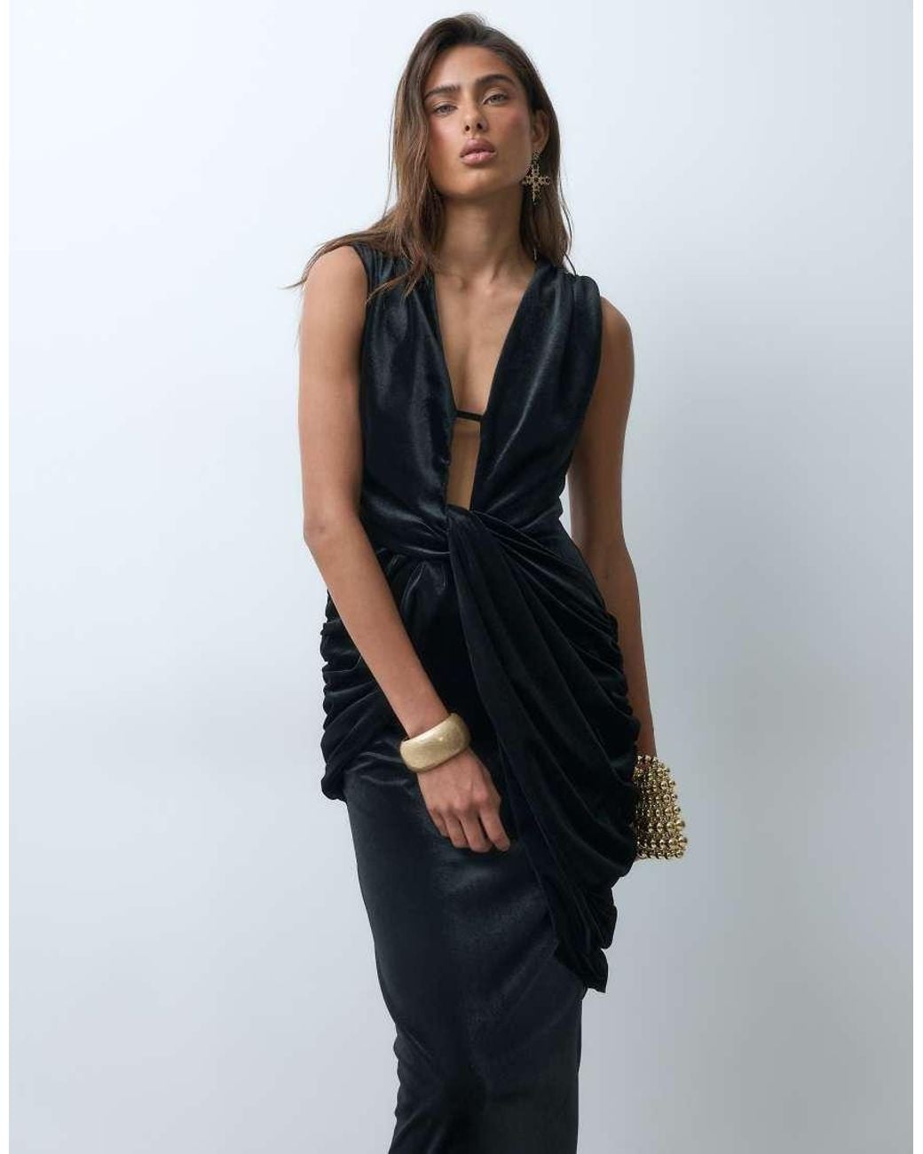 ASOS Black Velvet Plunge Neck Gather Detail Maxi Dress