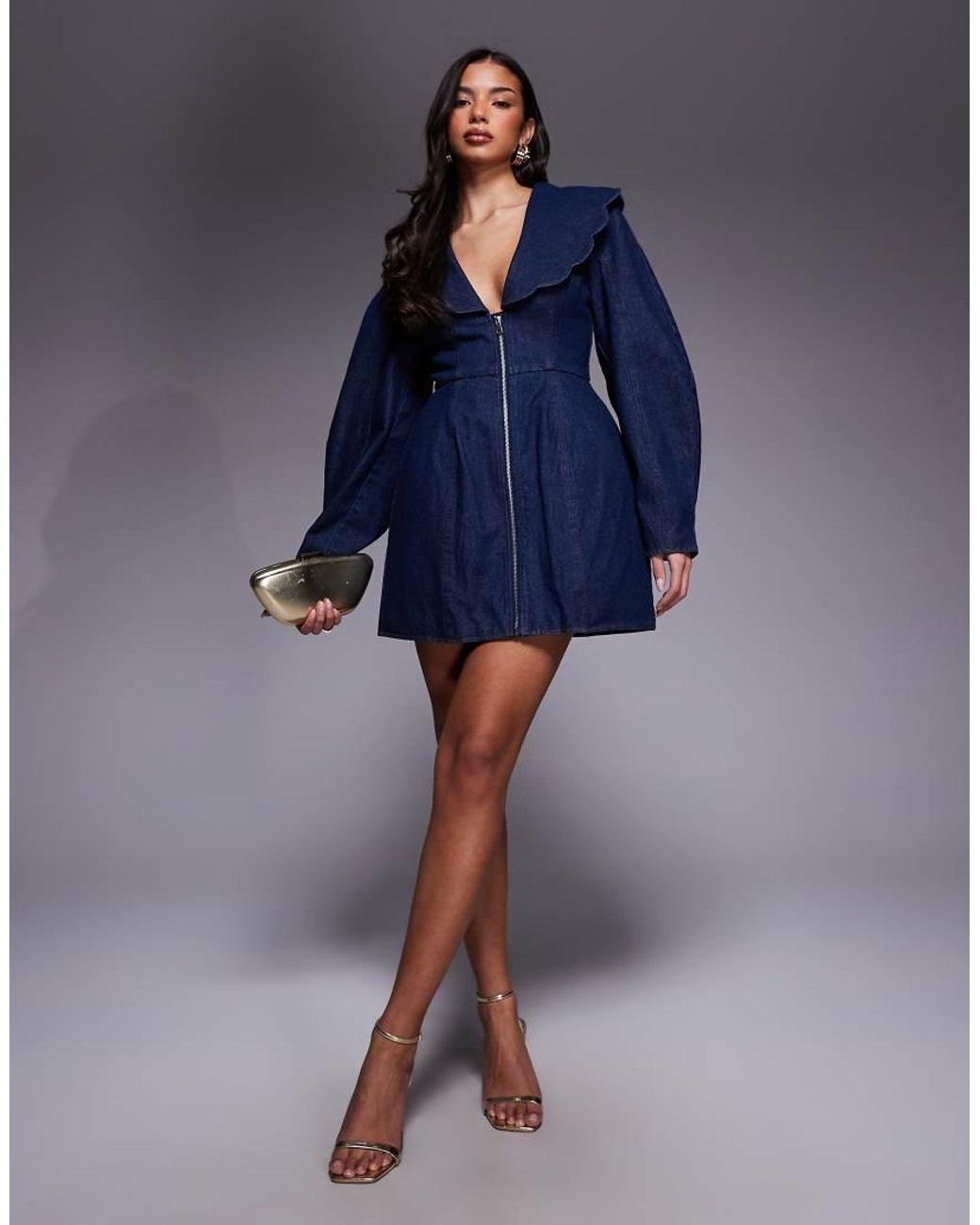 ASOS Denim Jurk Met Lange Mouwen En Oversized Kraag in het Blue