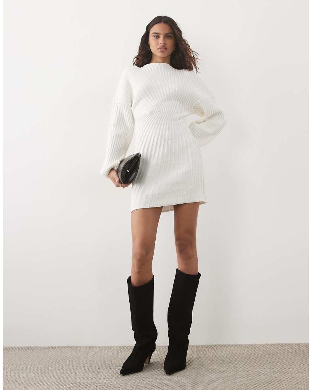 ASOS White Knitted Cinched Pleated Mini Dress
