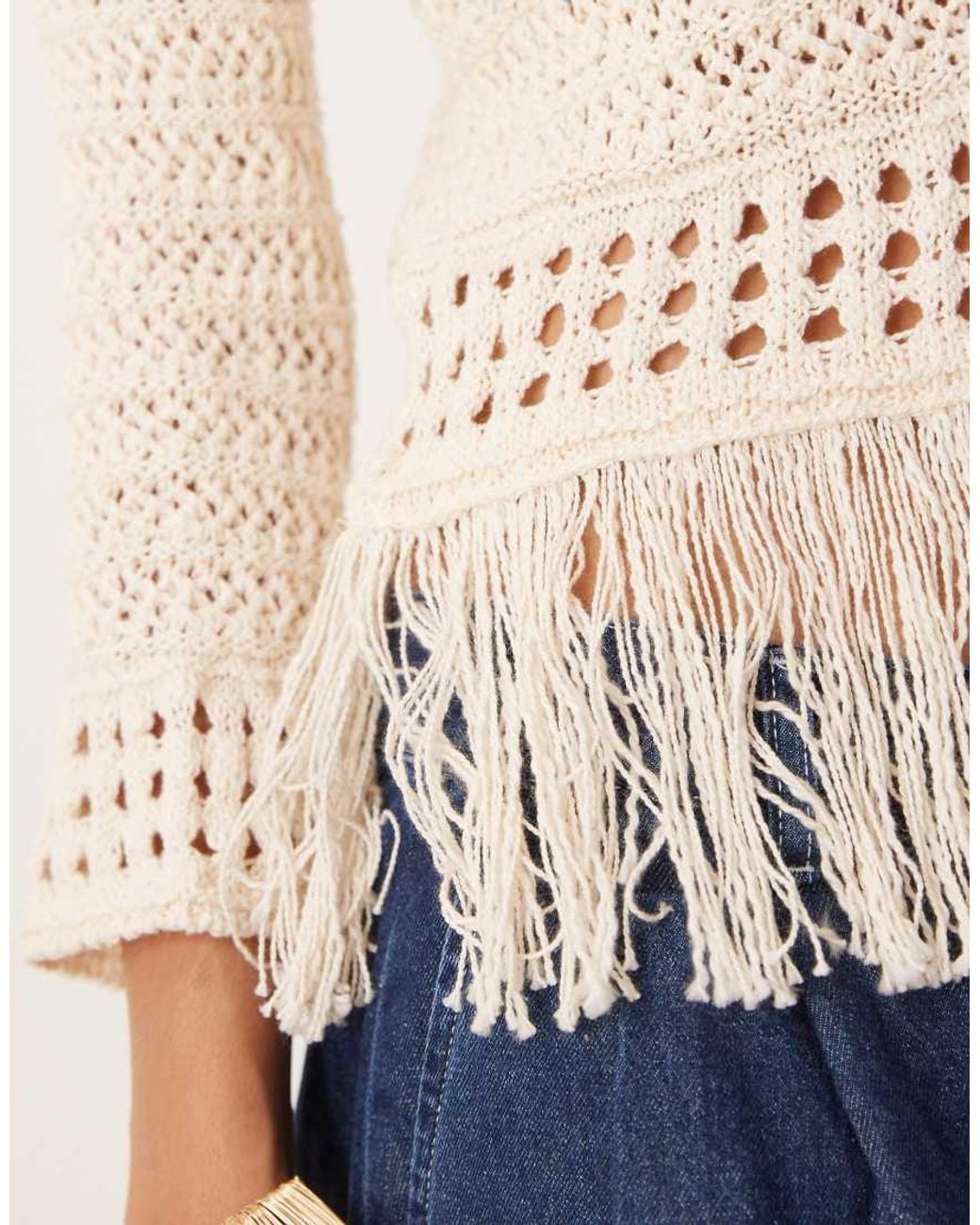 ASOS Natural Crochet Look Off Shoulder Jumper With Fringe Hem