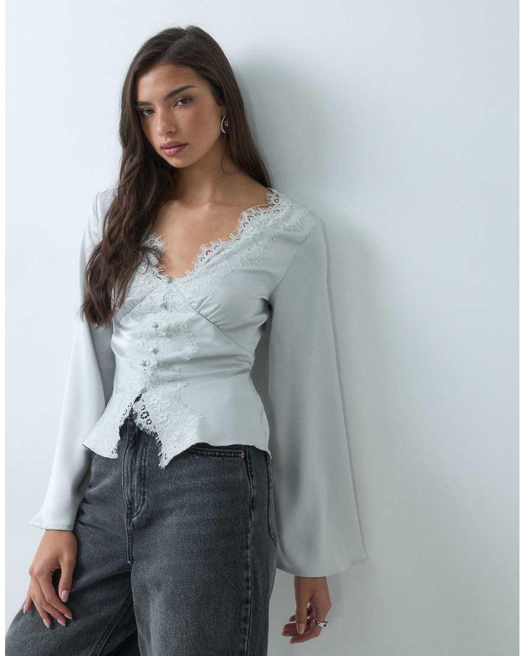 Gina Tricot Gray Long Sleeve V-neck Lace Detail Satin Blouse