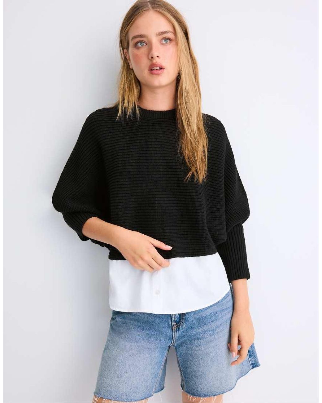 Stradivarius Blue Mixed-fabric Batwing Knit Jumper