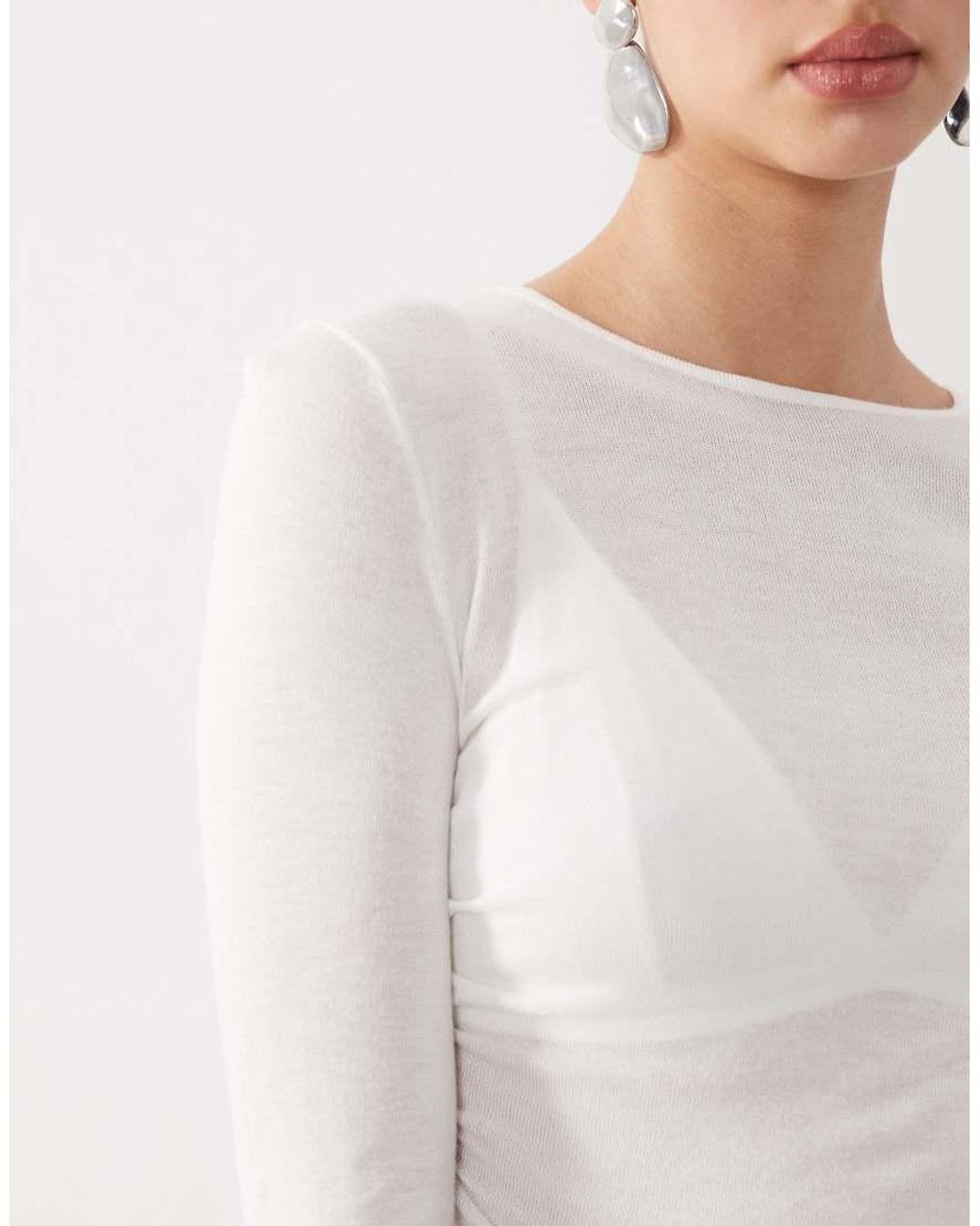 ASOS Sheer Knitted Ruched Side Top in White | Lyst UK