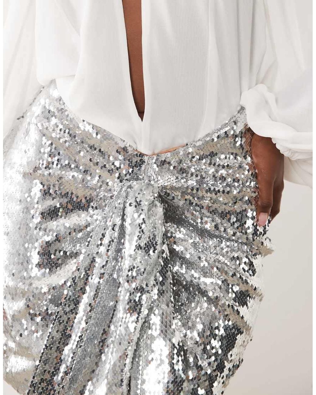 The Dolls House Natural Beaudelle Premium Knot Detail Sequined Mini Skirt