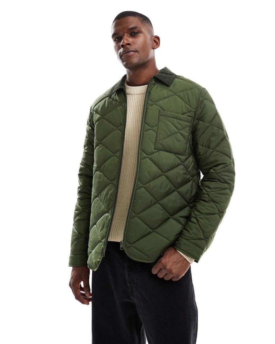 New Look Green Cord Collar Quilted Jacket for men