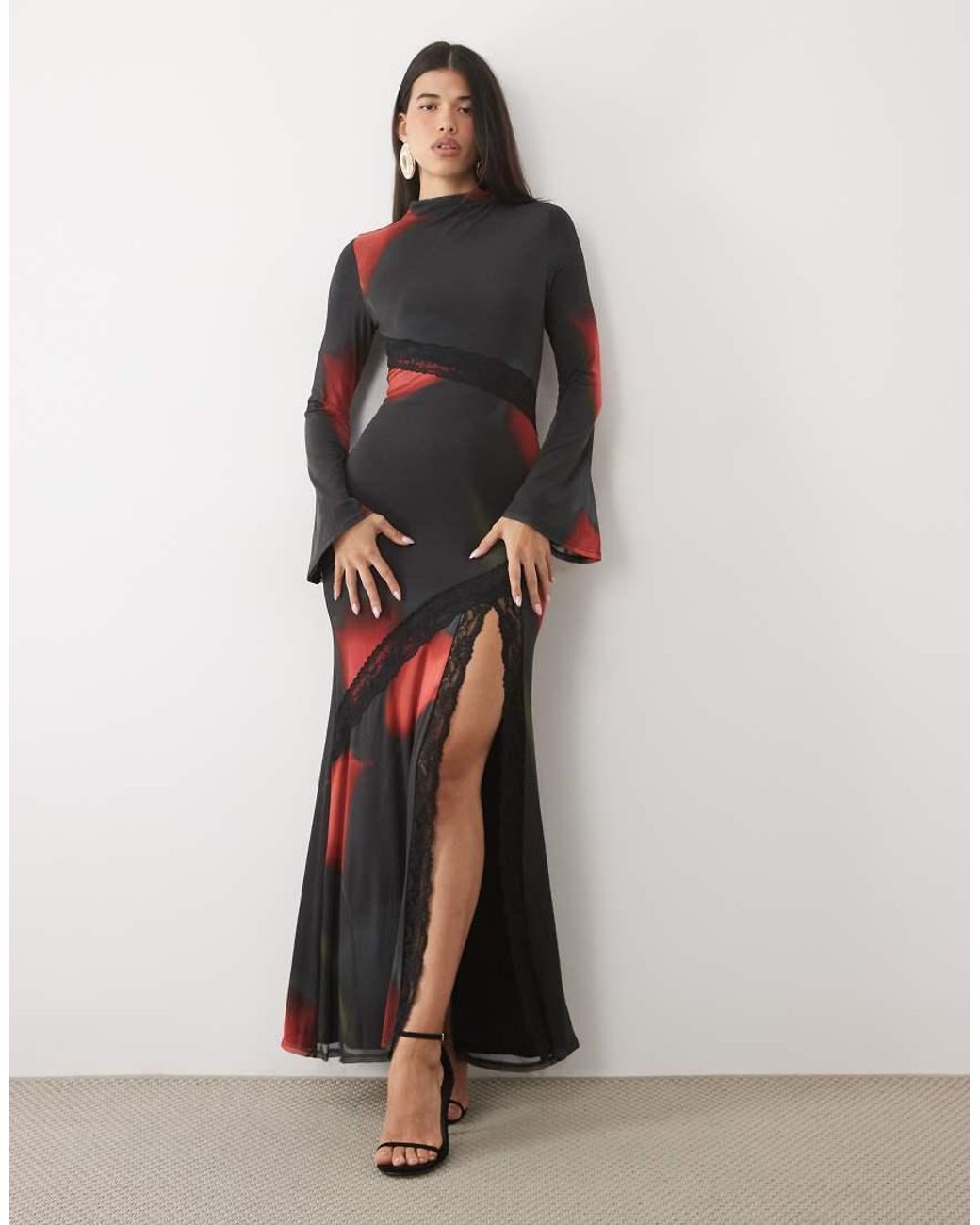 ASOS Black Printed Floral Mesh Maxi Mesh With Spliced Lace Trim And Flute Sleeves Dress