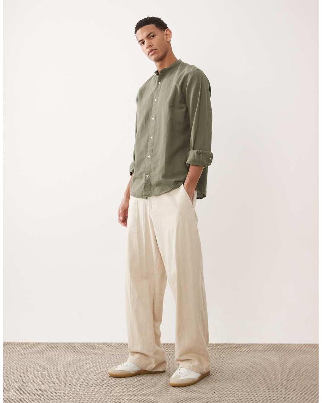 Jack & Jones Green Linen Blend Shirt With Grandad Collar for men