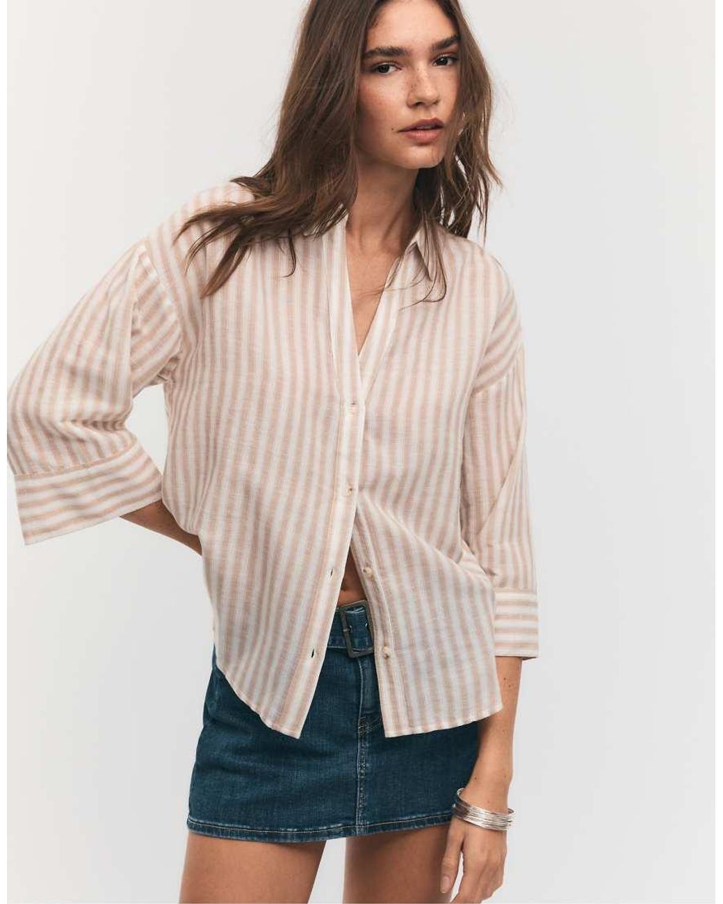 Stradivarius White Linen-effect Kimono Sleeve Shirt