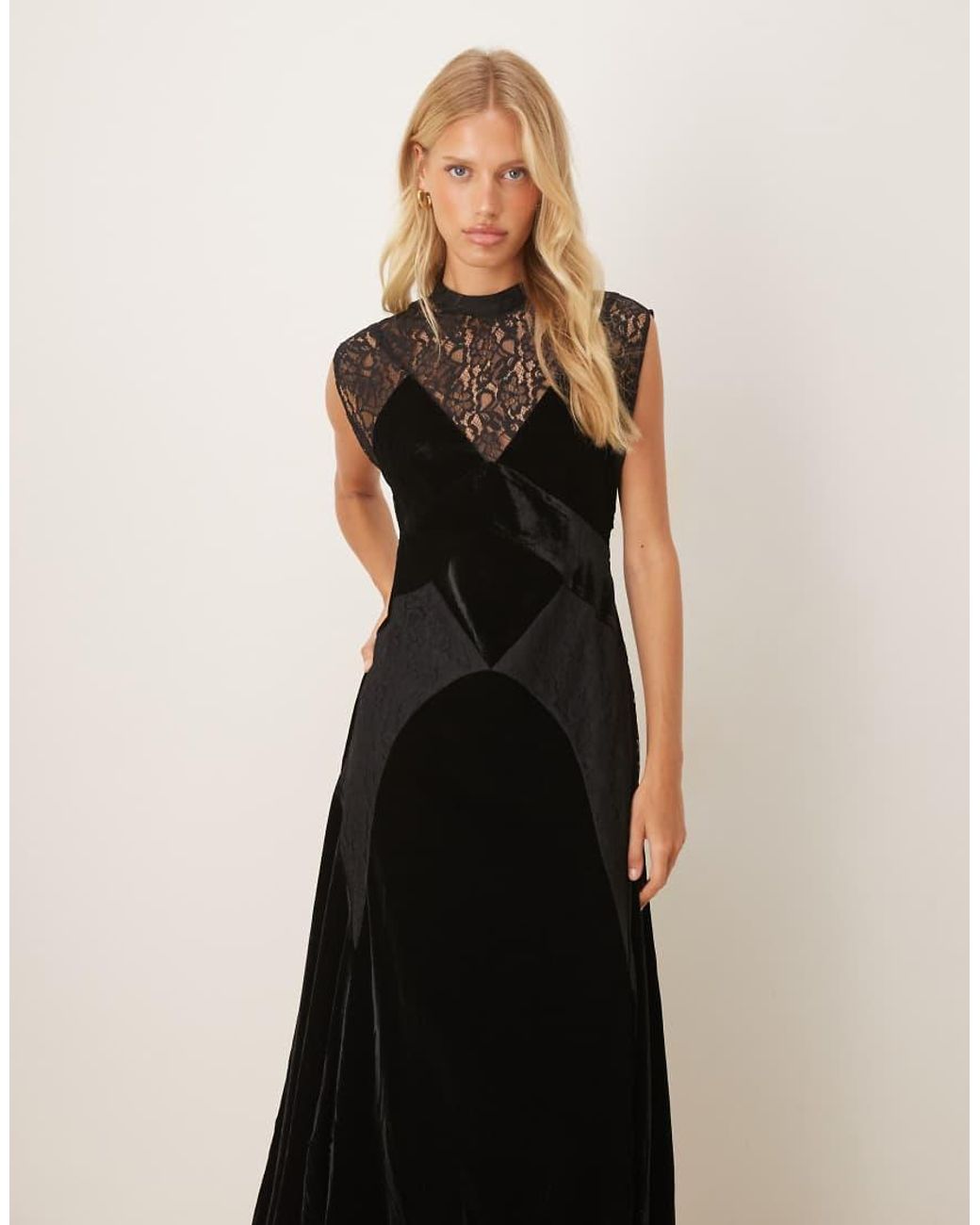 ASOS Black Velvet And Lace Mix Maxi Dress With Hanky Hem