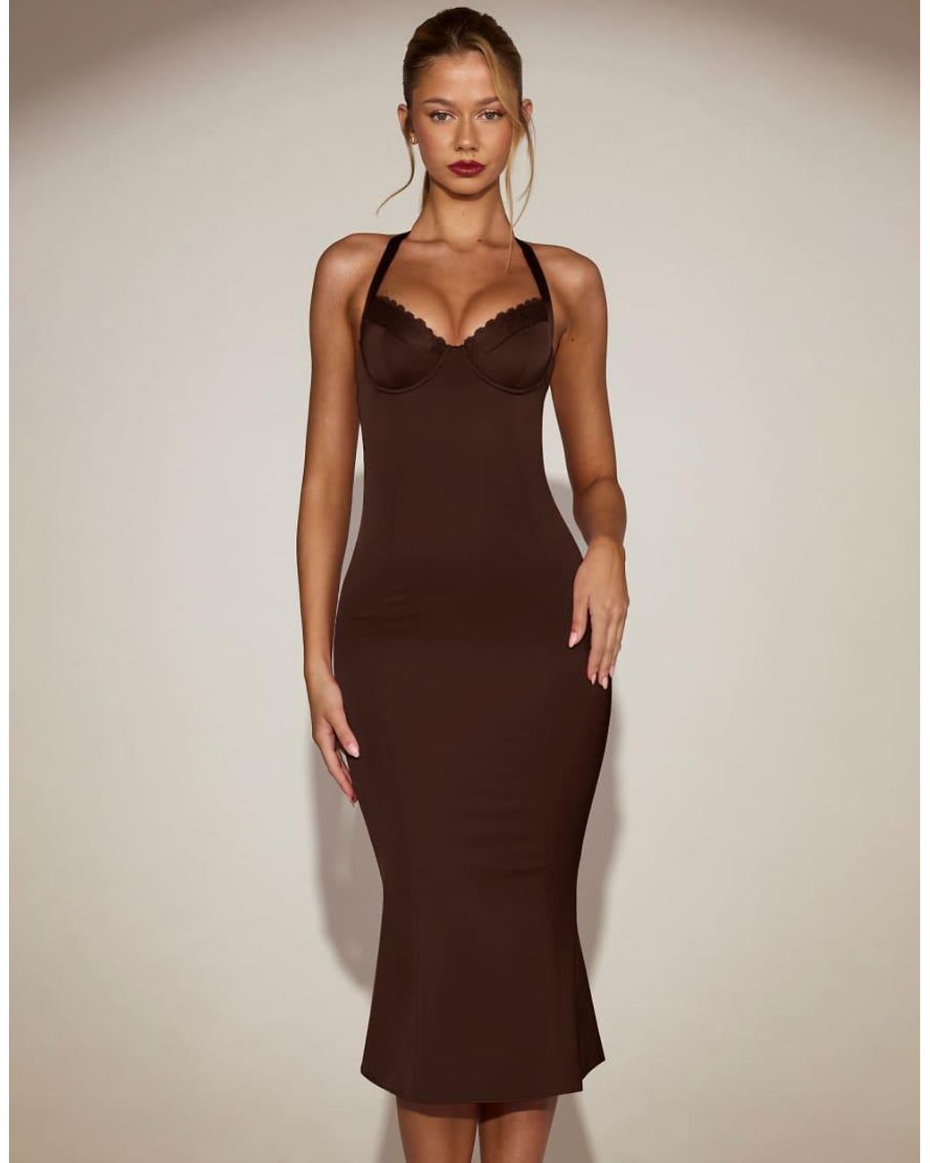 Oh Polly Brown Elyra Satin Lace Trim Halter Neck Fishtail Midaxi Dress
