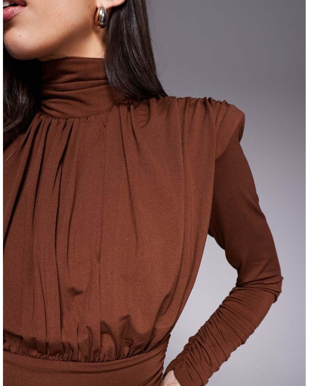 Ruched & Ready Brown Hourglass High Neck Padded Shoulder Sculpted Drape Detail Mini Dress