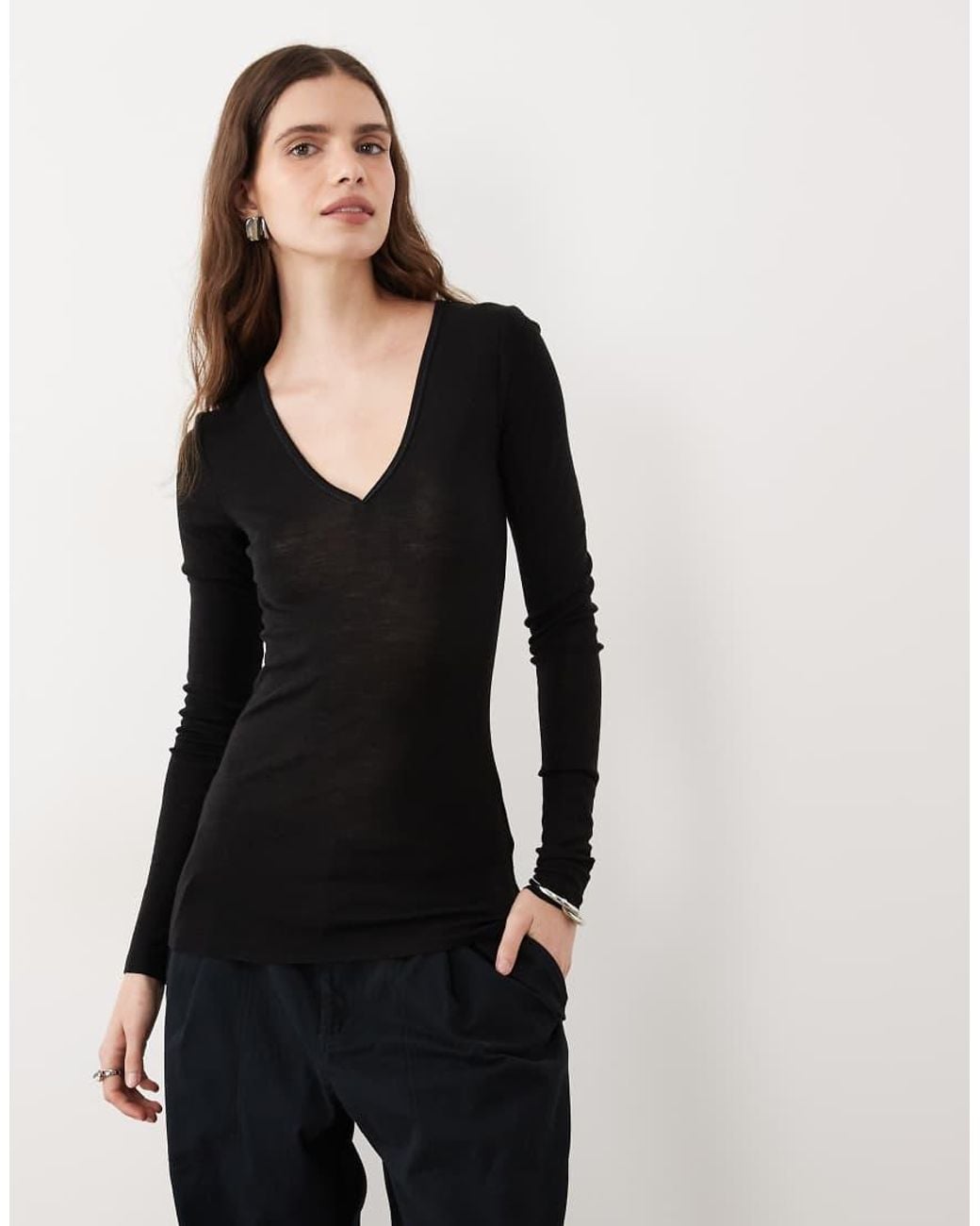 ARKET Black V Neck Long Sleeved Wool Rib Top