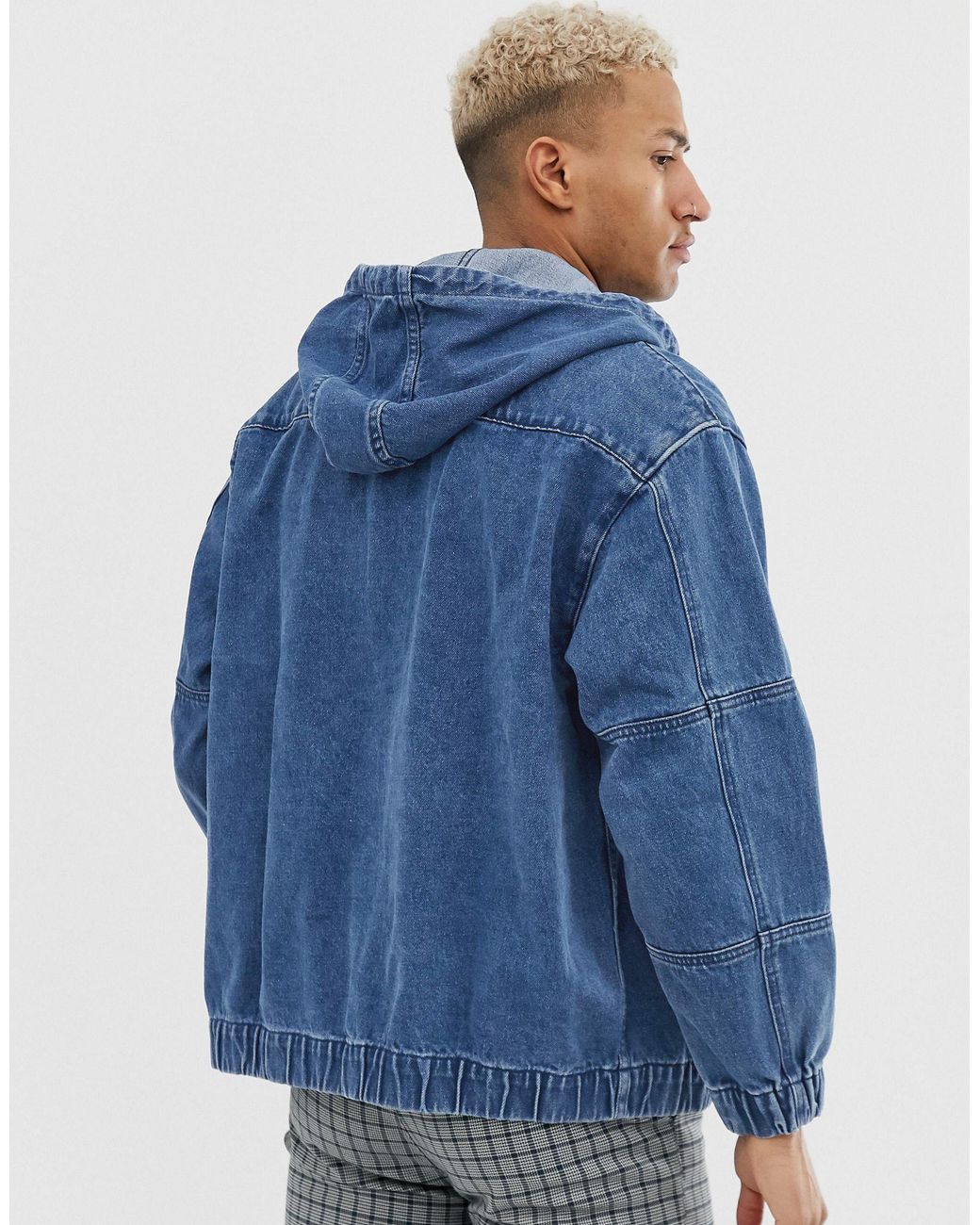 Bershka Denim Bomber With Hood In Mid Blue for Men | Lyst