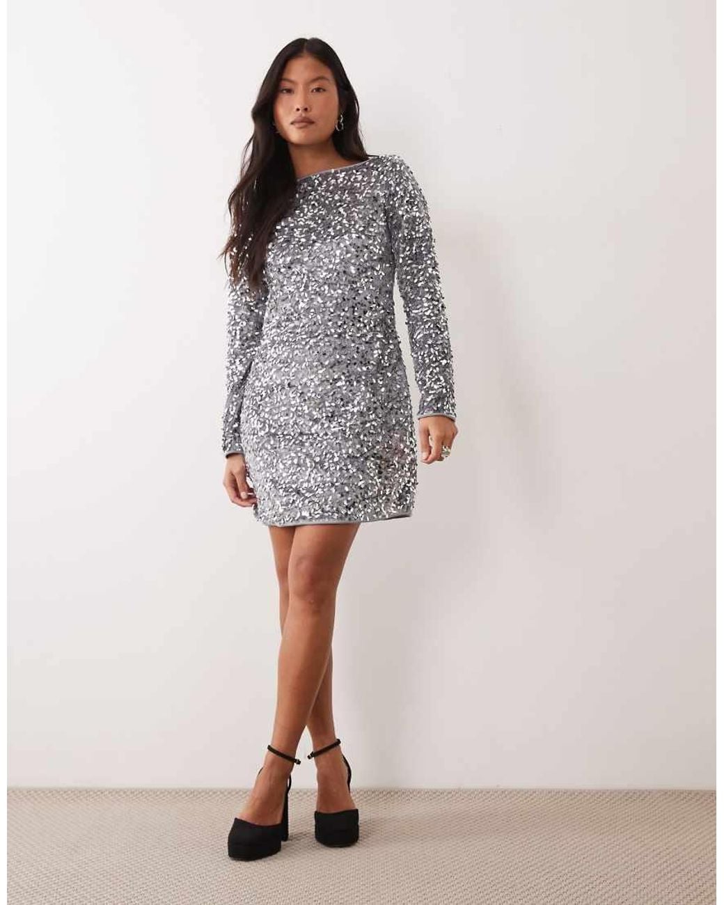 Vero Moda Gray Long Sleeve Boatneck Sequin Midi Dress