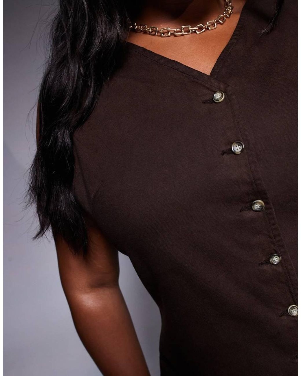 ASOS Brown Asos Design Curve Denim V Neck Dress With Button Through