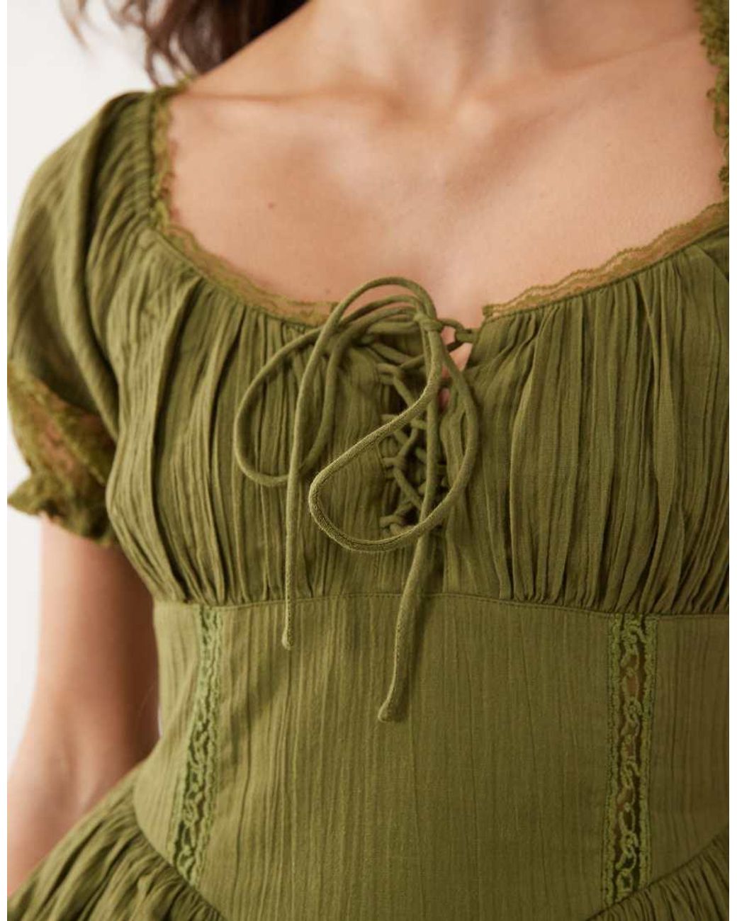 Miss Selfridge Green Cheesecloth Lace Detail Milkmaid Dress