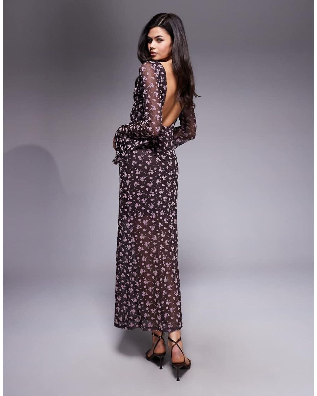 ASOS Purple Flocked Floral Maxi Dress With Flute Sleeve