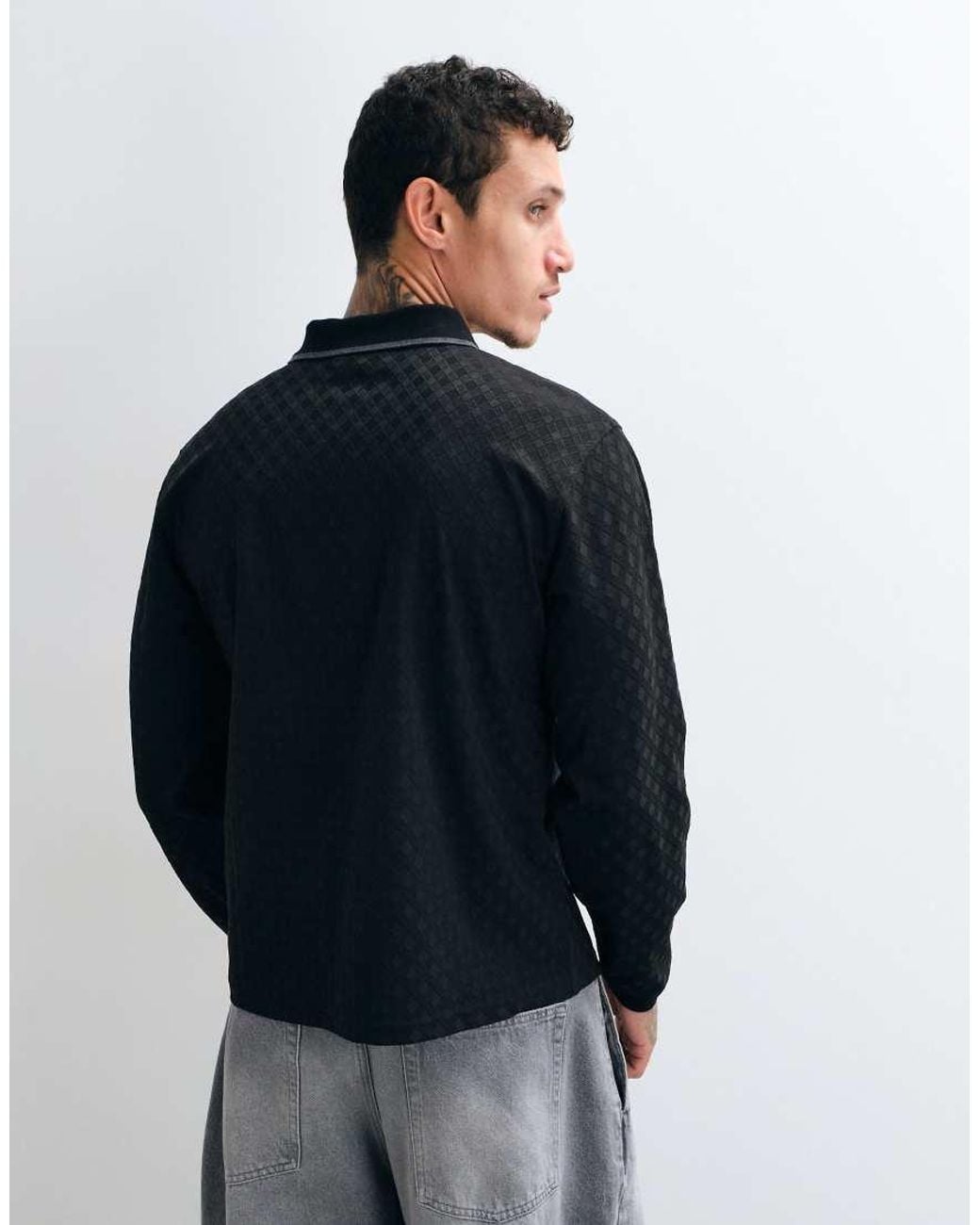 Dime Blue Jacquard Long Sleeve Logo Polo Shirt for men