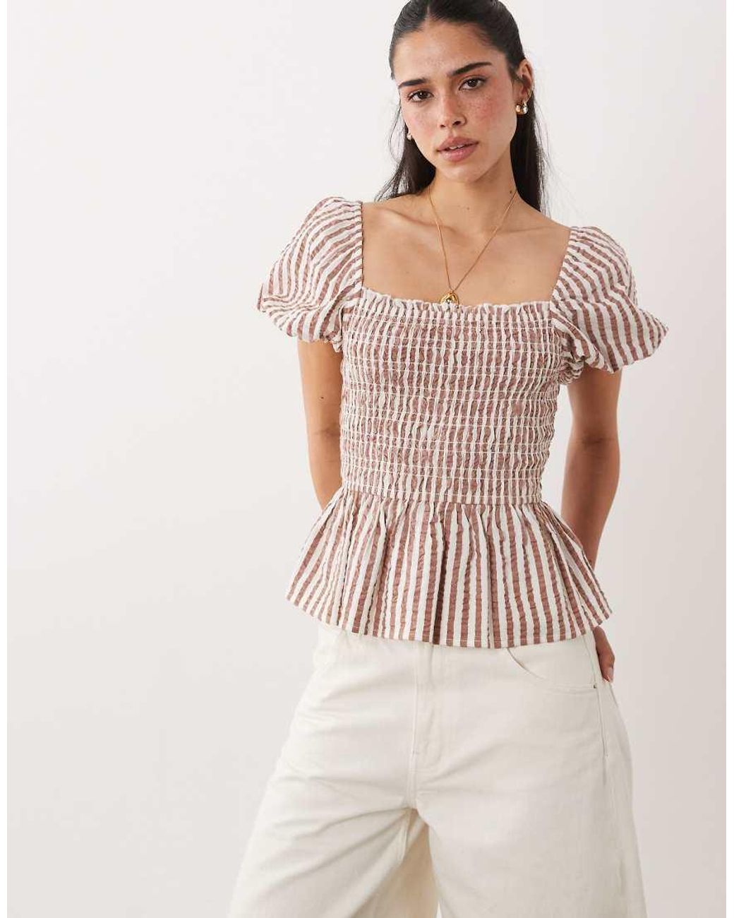 New Look Natural Stripe Shirred Top